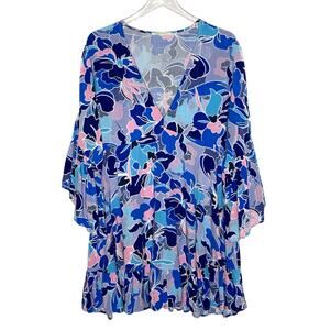 Anthropologie L Label of Love Tunic Mini Dress Bright Floral Resort Travel Blue